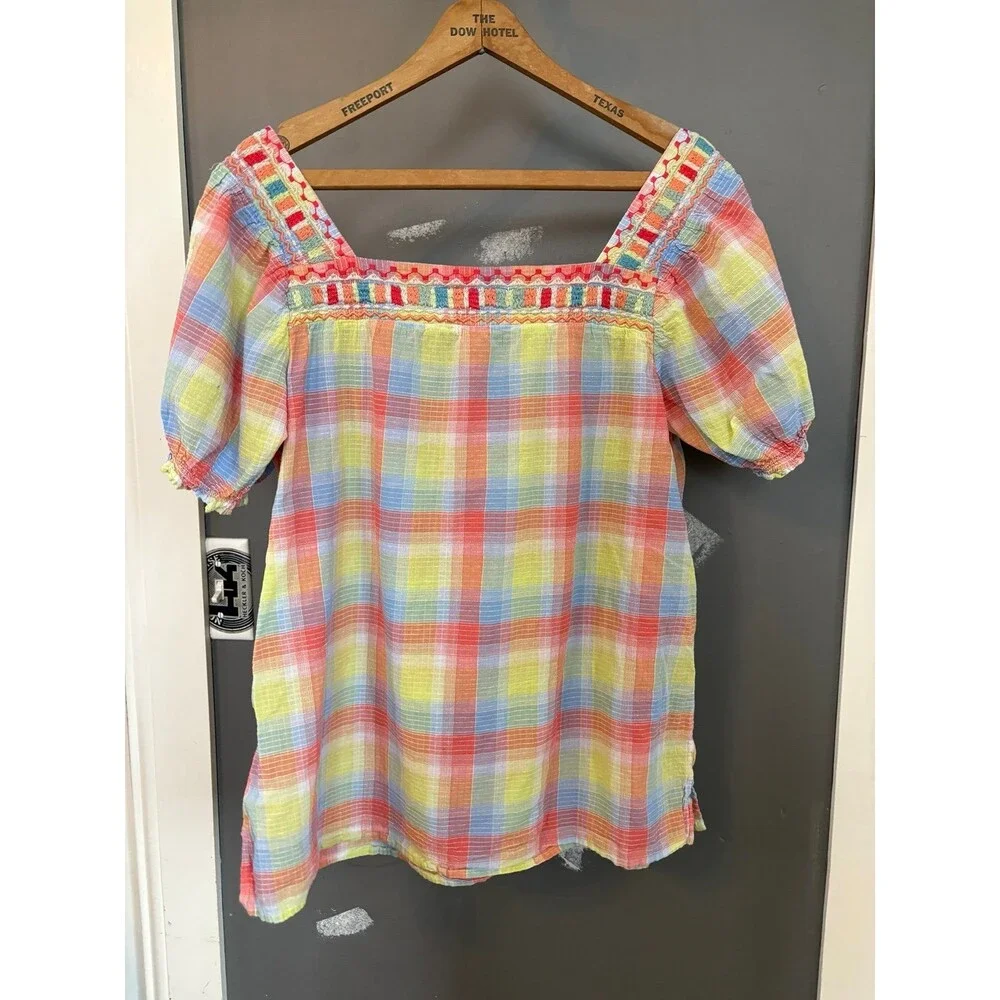 Johnny Was size Large L Delacey plaid pastel puff sleeve peasant top shirt